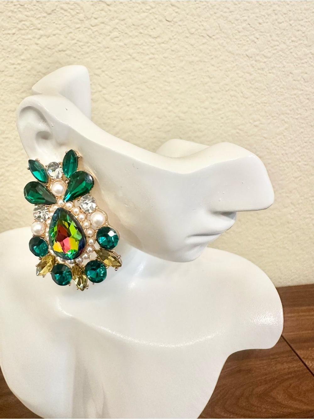 Statement Crystal Teardrop Cluster Earrings in Green & Turquoise w/Pearl Accent